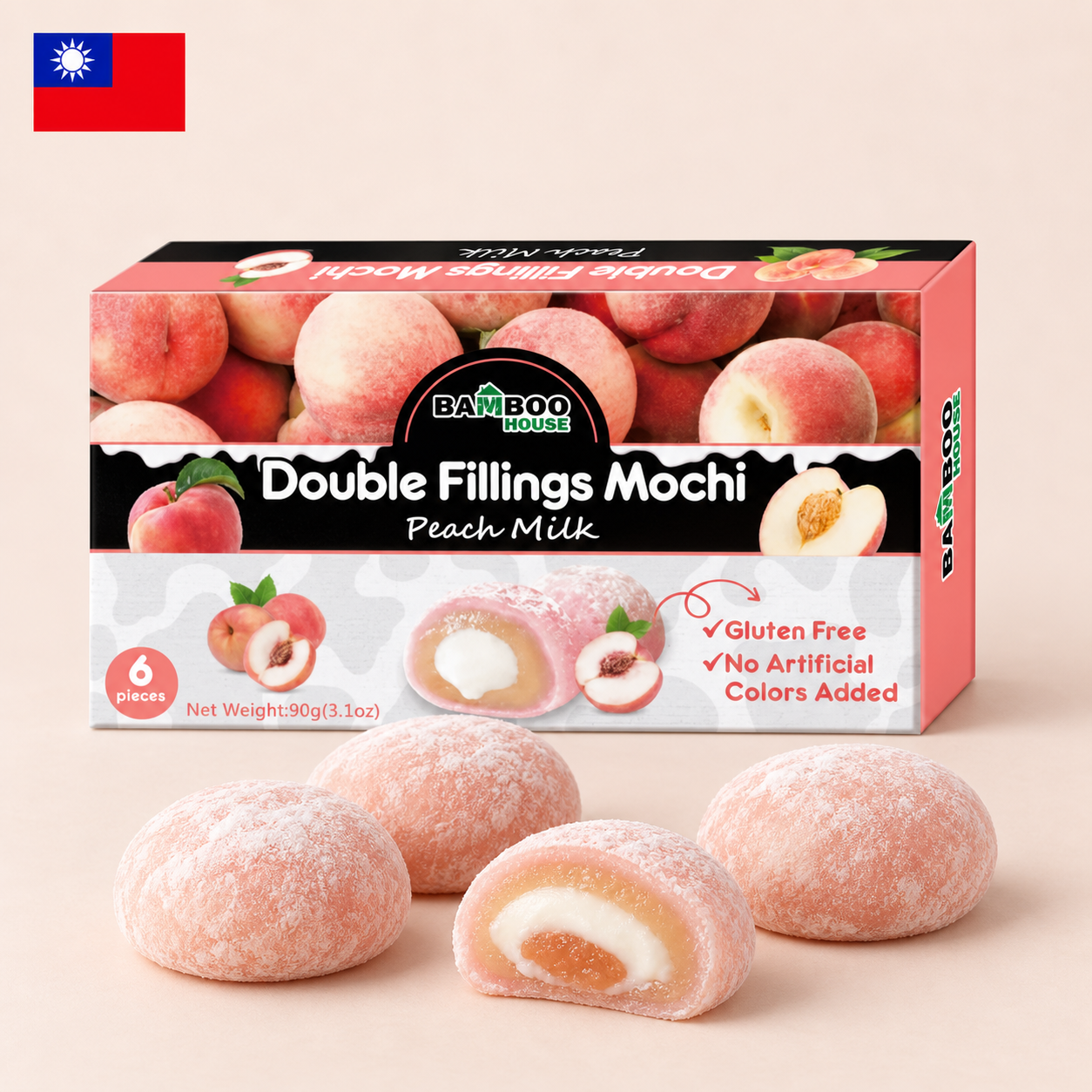 Persikų mochi su dvigubu įdaru, 90 g
